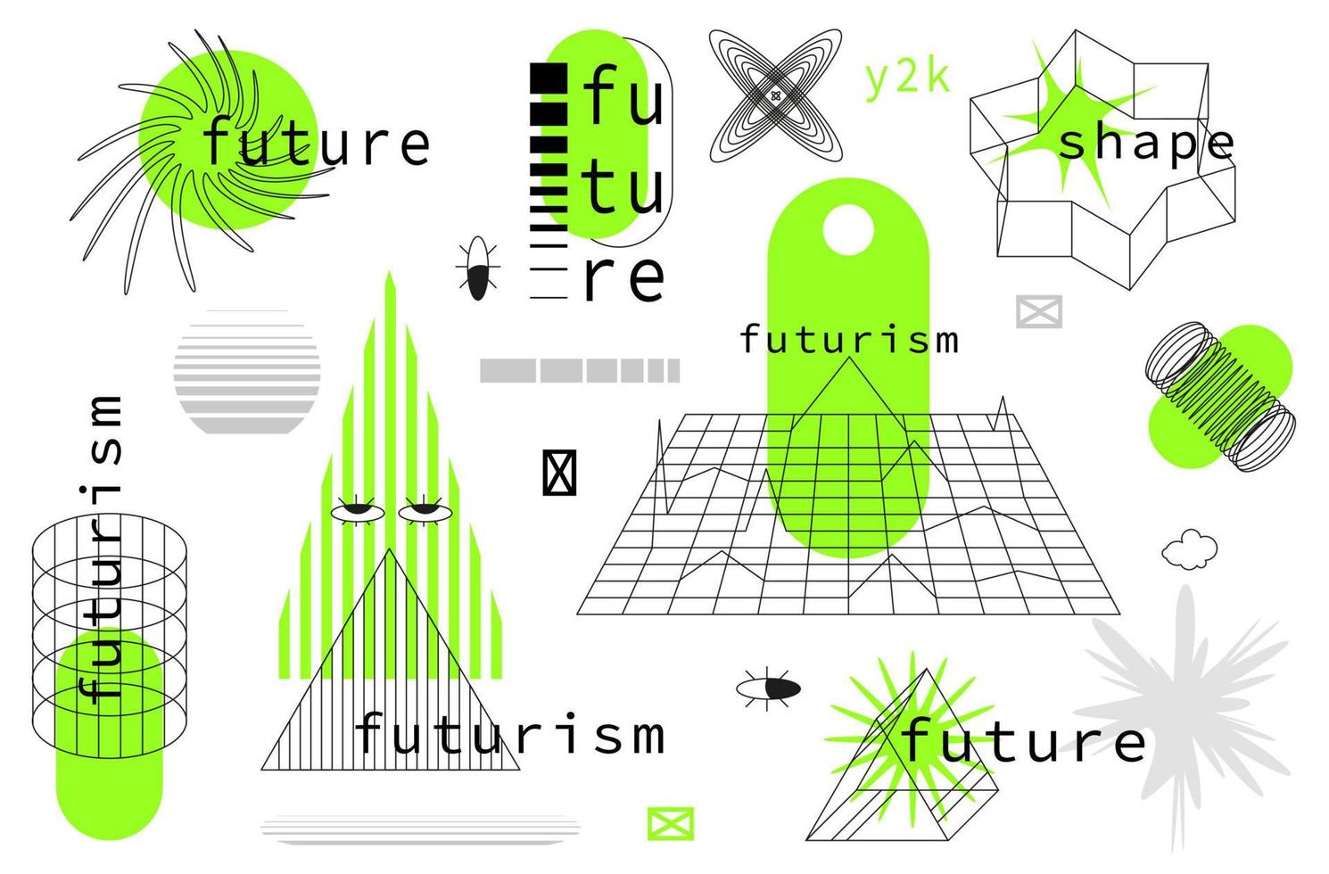 un' impostato strano warframe futurismo 3d . futuristico geometrico forme geometrico nel stile cyberpunk. acido y2k oggetti vettore