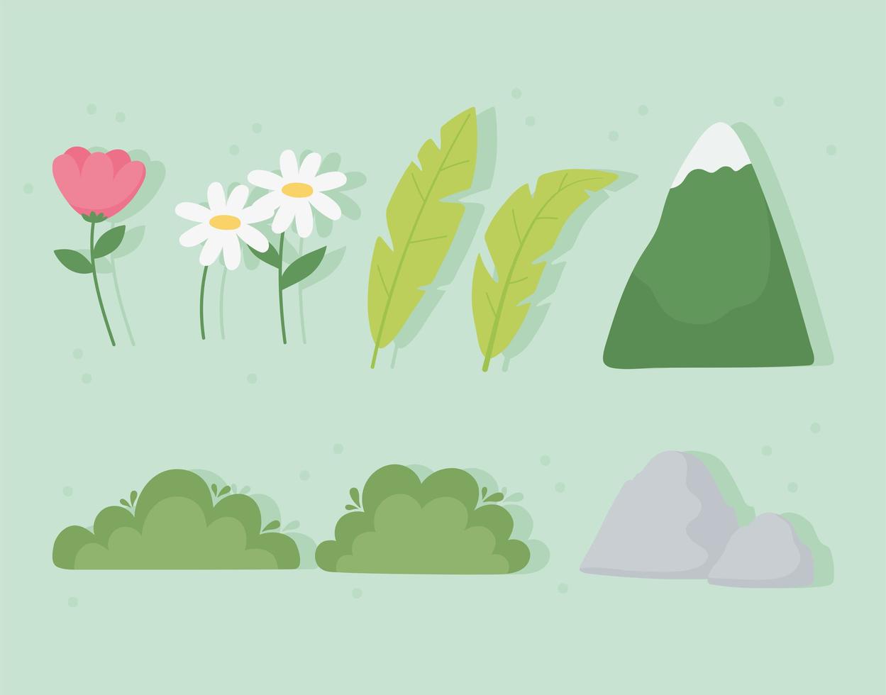 montagna, foglie, fiori, cespuglio, icone di pietra vettore