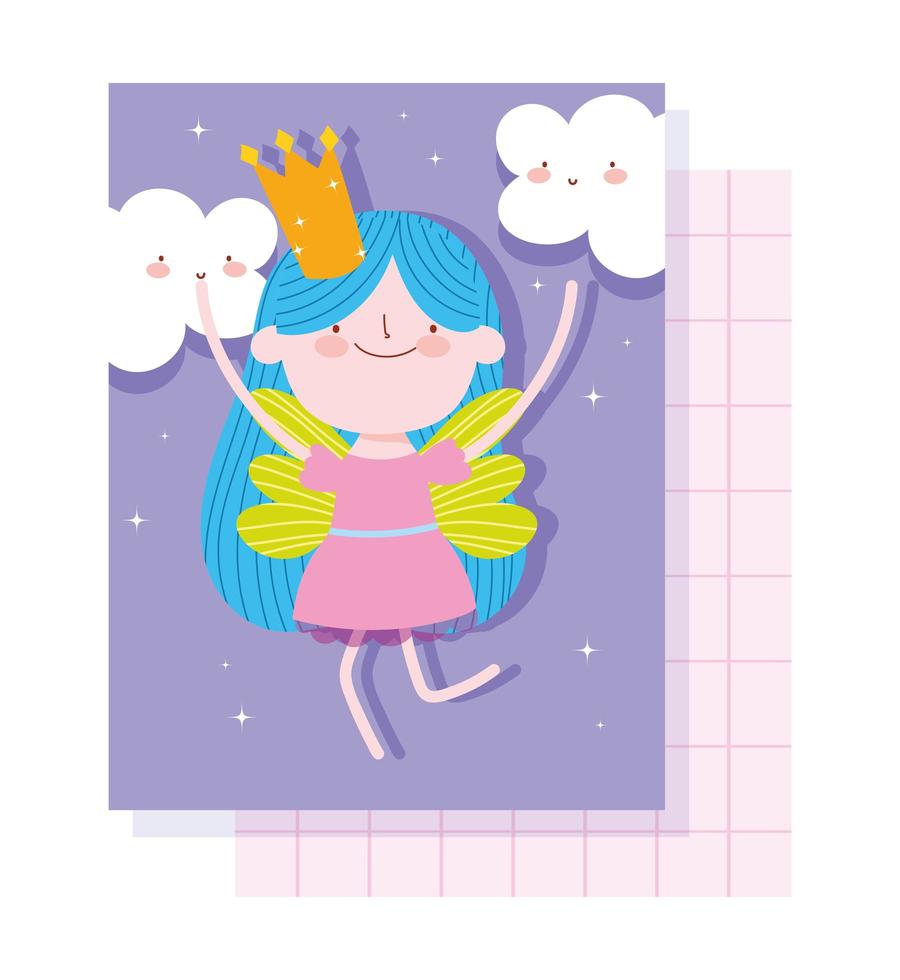 principessa delle fate con carta corona e nuvole vettore