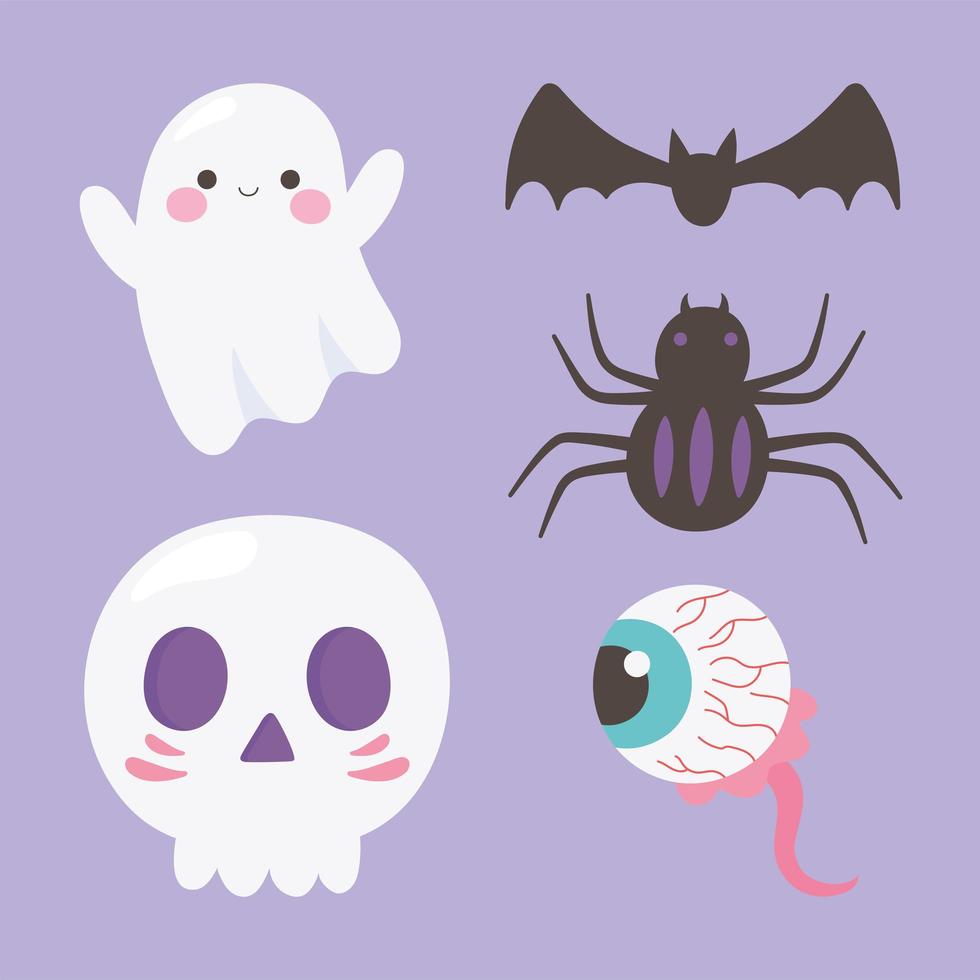 felice fantasma di halloween, teschio, ragno, occhio inquietante, icone di pipistrello vettore