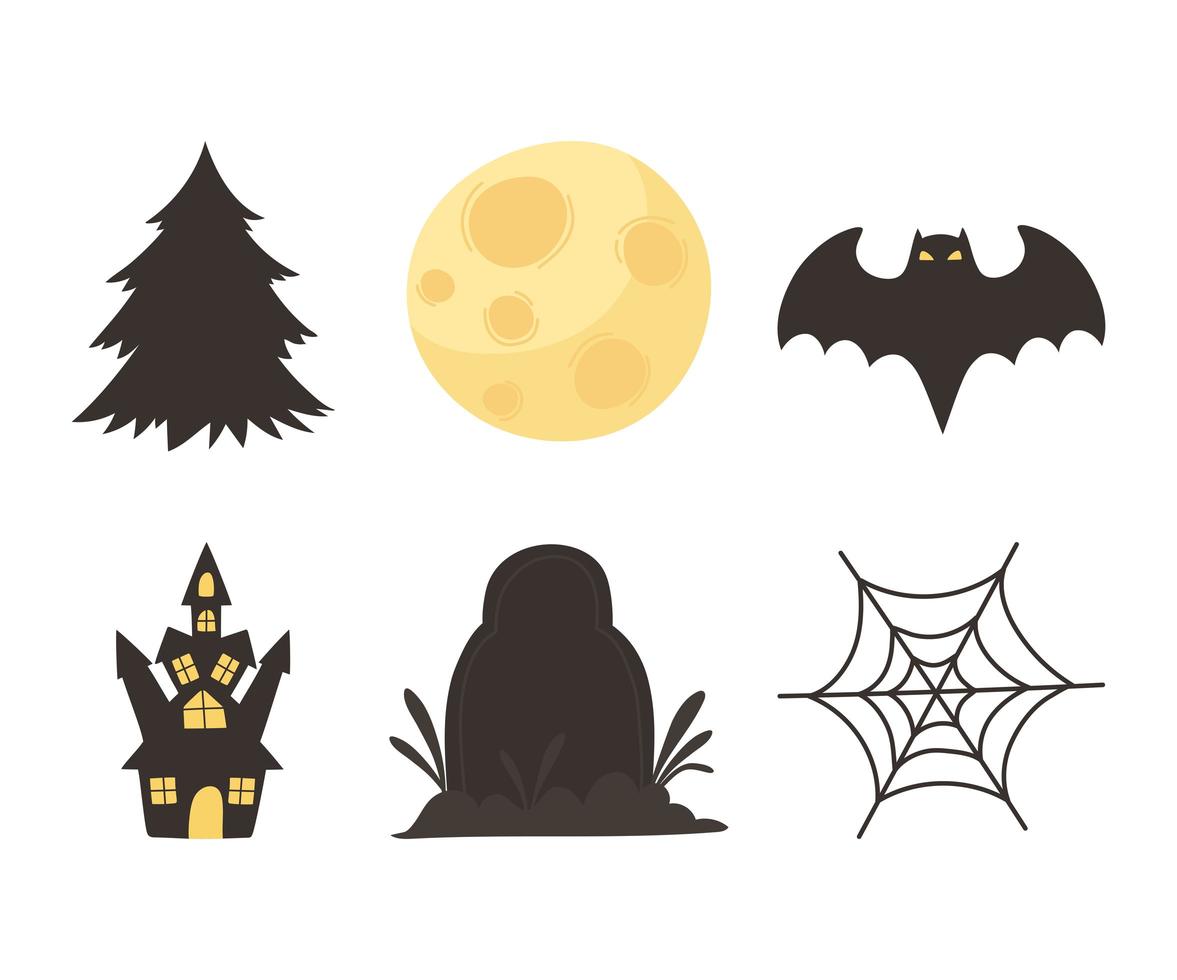castello di Halloween, pietra tombale, albero, luna, pipistrello, icone web vettore