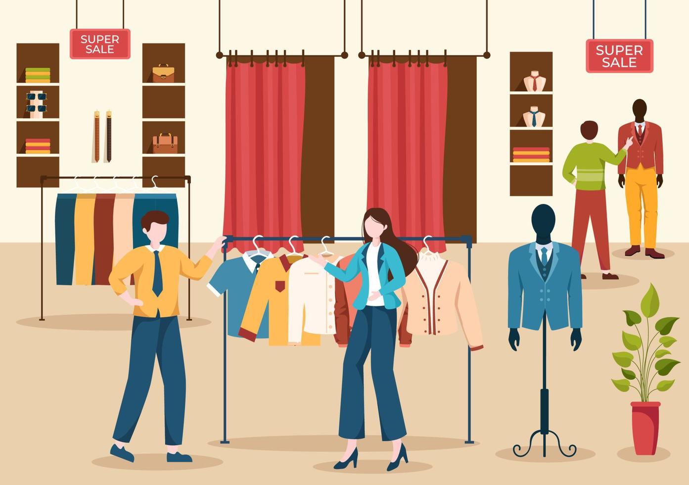 moda uomini e attrezzatura di alla moda uomo nel boutique interno o Abiti negozio per shopping su piatto cartone animato mano disegnato modelli illustrazione vettore