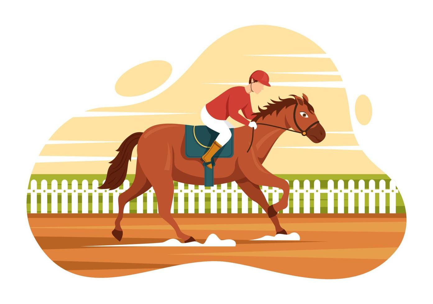 cavallo da corsa concorrenza nel un' ippodromo con equestre prestazione sport e ciclista o fantini su piatto cartone animato mano disegnato modelli illustrazione vettore