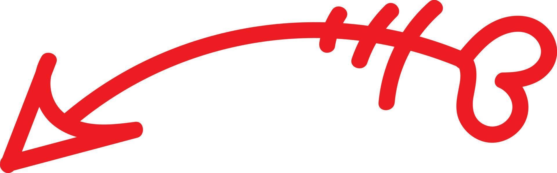 curvo rosso freccia appuntito per il sinistra, illustrazione, vettore su bianca sfondo.