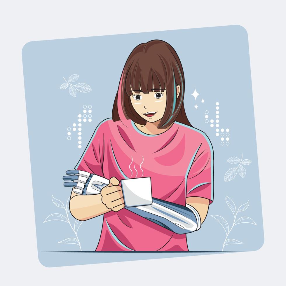 ultramoderno concetto. fiducioso giovane ragazza con elegante bionico protesi braccio Tenere boccale di tè vettore illustrazione gratuito Scarica