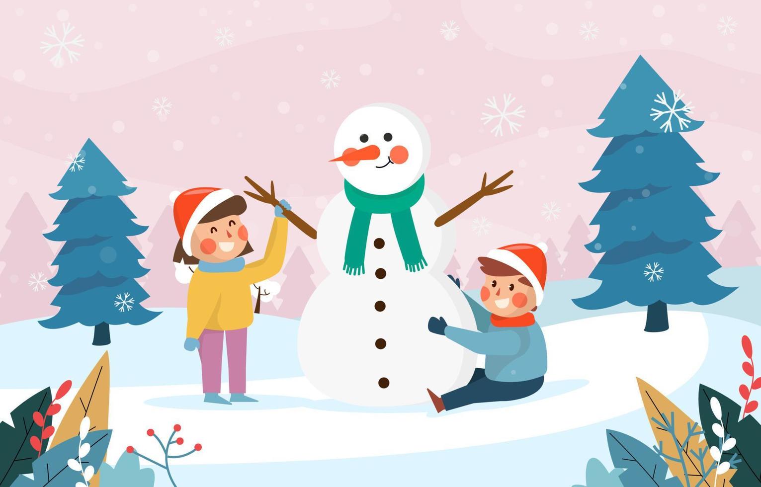 celebrare Natale con contento bambini e pupazzo di neve vettore