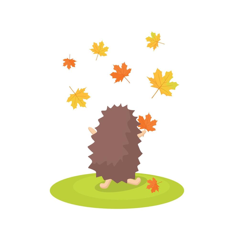 il riccio sta con il suo indietro e lanci autunno le foglie nel il aria. vettore cartone animato illustrazione.