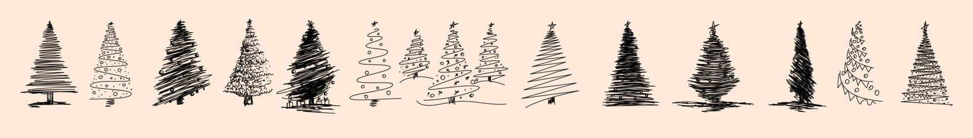 impostato di mano disegnato Natale albero. vacanza decorazione isolato elementi. vettore illustrazione. diverso genere e stile pino albero mano disegnato impostare.