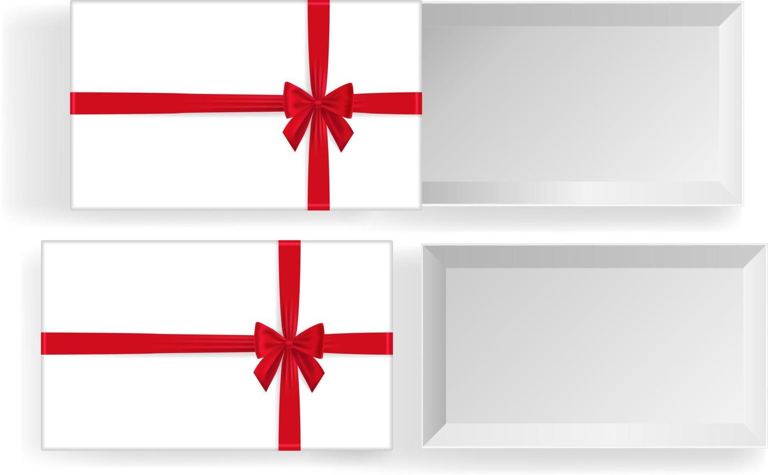 vuoto Aperto regalo scatola con rosso colore arco nodo, nastro isolato su bianca sfondo. contento compleanno, Natale, nuovo anno, nozze o San Valentino giorno pacchetto concetto. 3d vettore illustrazione, superiore Visualizza.