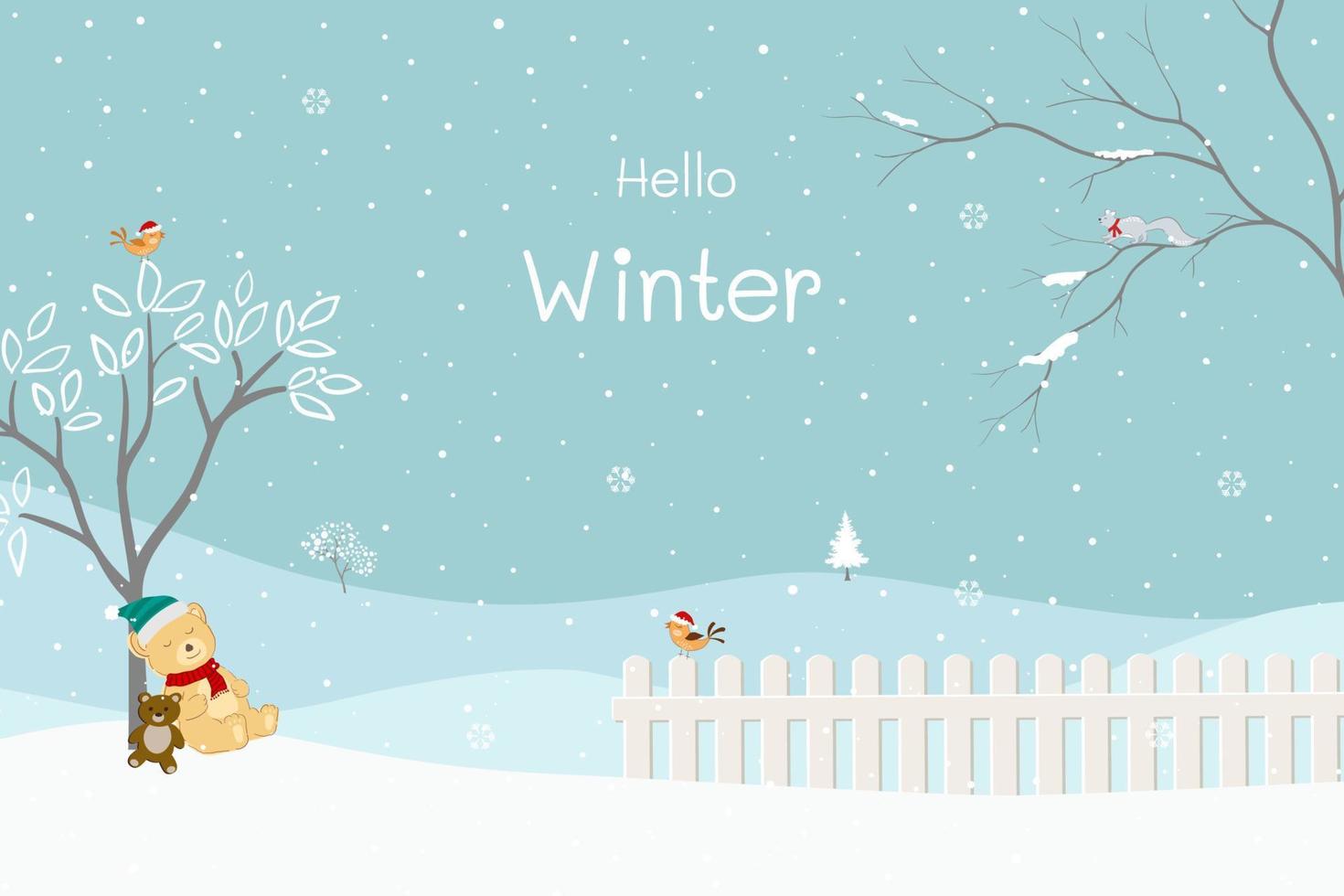 inverno è In arrivo paesaggio sfondo, saluto carta per contento vacanza, decorativo o celebrare festa vettore