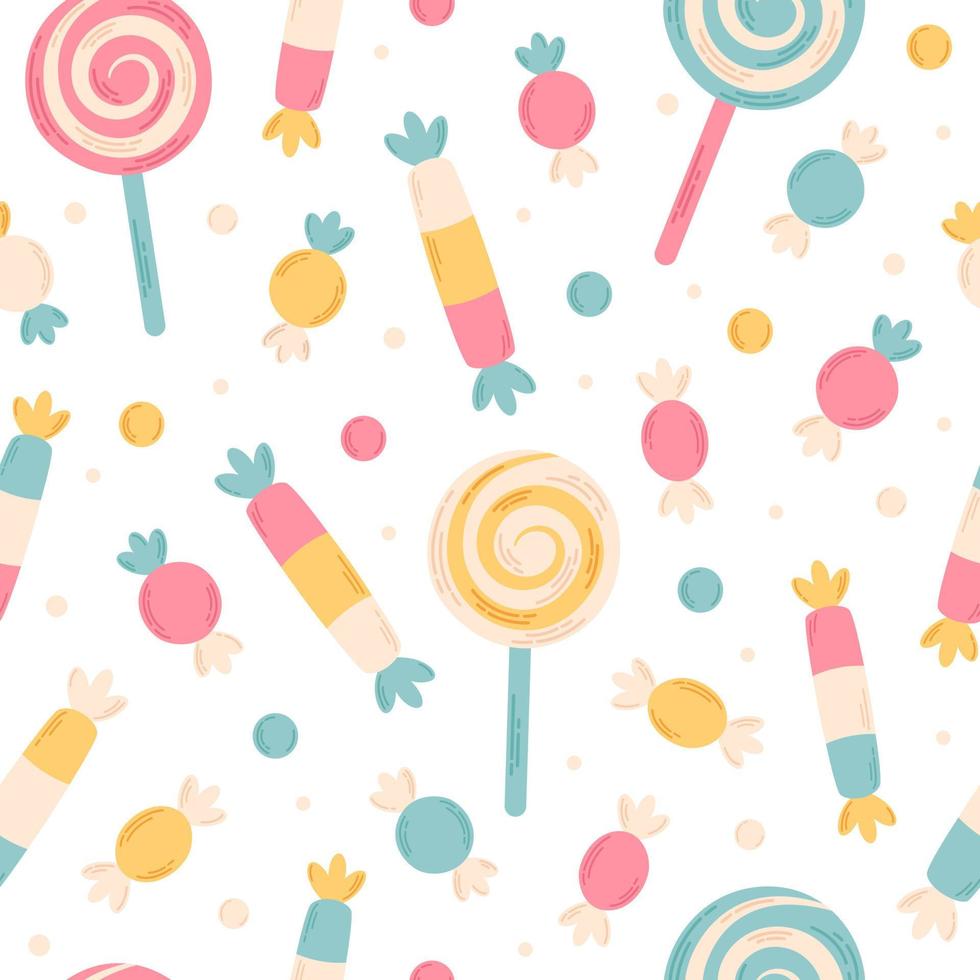 dolci e caramelle senza soluzione di continuità modello. confetteria. piatto, mano disegnato struttura per sfondo, tessile, tessuto, carta vettore