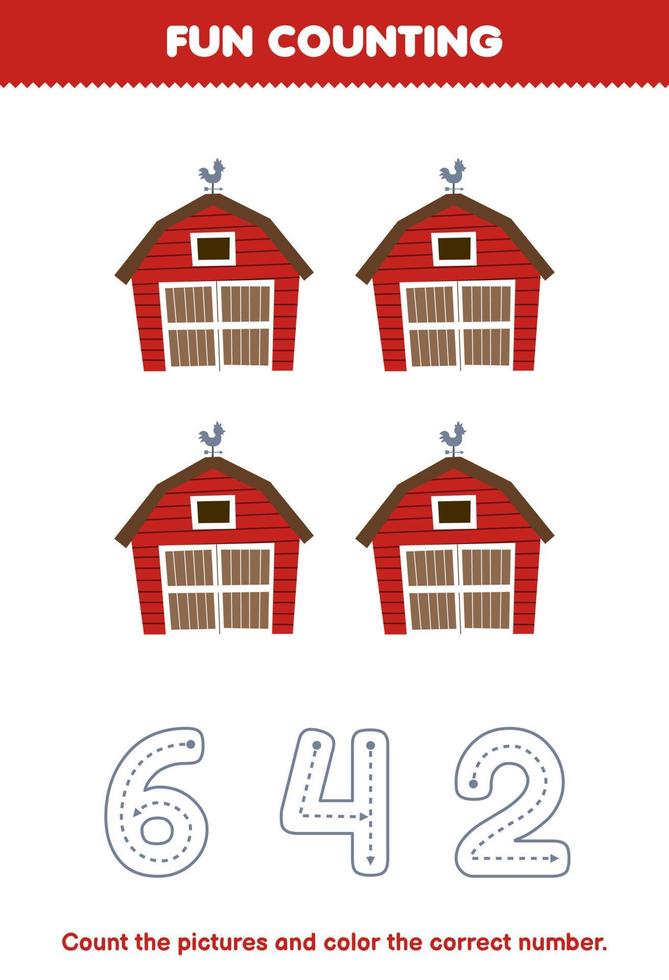 formazione scolastica gioco per bambini contare il immagini e colore il corretta numero a partire dal carino cartone animato fienile stampabile azienda agricola foglio di lavoro vettore