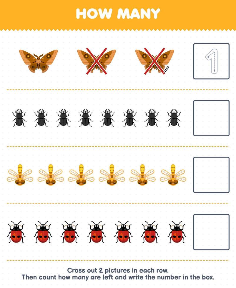 formazione scolastica gioco per bambini contare Come molti carino cartone animato falena scarafaggio libellula coccinella e Scrivi il numero nel il scatola stampabile insetto foglio di lavoro vettore