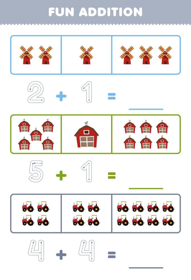 formazione scolastica gioco per bambini divertimento aggiunta di conteggio e tracciato il numero di carino cartone animato mulino a vento fienile trattore stampabile azienda agricola foglio di lavoro vettore