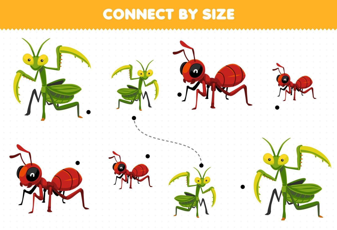 educativo gioco per bambini Collegare di il dimensione di carino cartone animato mantide e formica stampabile insetto foglio di lavoro vettore