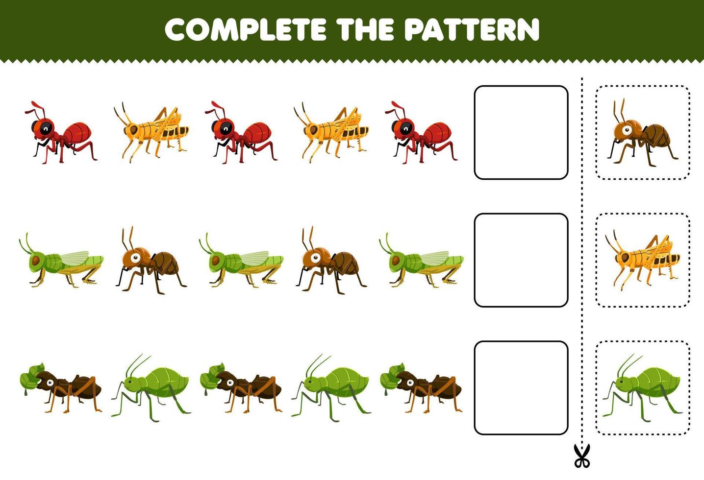 formazione scolastica gioco per bambini completare il modello di carino cartone animato formica cavalletta afide stampabile insetto foglio di lavoro vettore