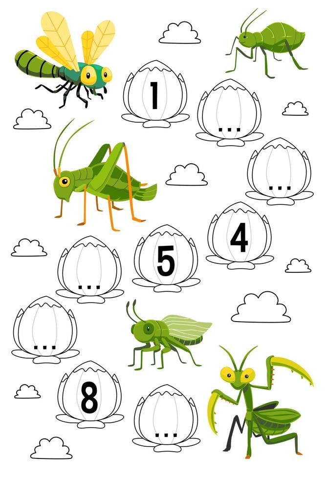 formazione scolastica gioco per completare il sequenza di numero con carino cartone animato libellula afide cavalletta e mantide immagine stampabile insetto foglio di lavoro vettore