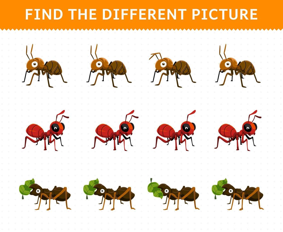 formazione scolastica gioco per bambini trova il diverso immagine nel ogni riga di carino cartone animato formica stampabile insetto foglio di lavoro vettore