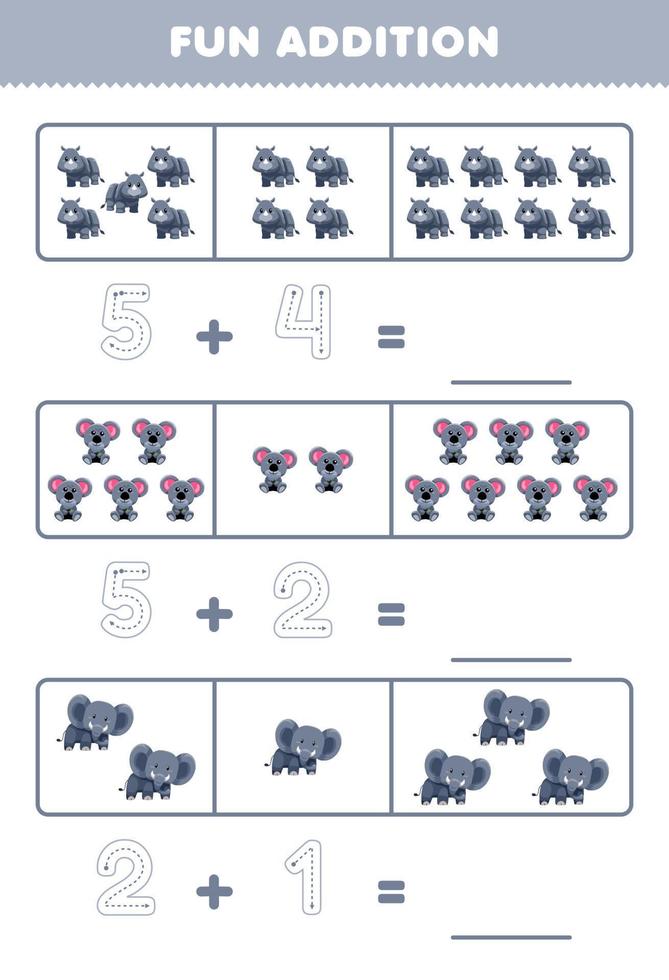 formazione scolastica gioco per bambini divertimento aggiunta di conteggio e tracciato il numero di carino cartone animato rinoceronte koala elefante stampabile animale foglio di lavoro vettore