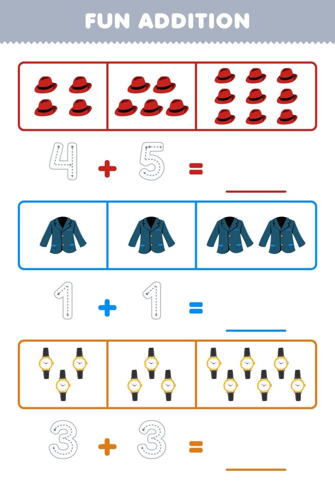 formazione scolastica gioco per bambini divertimento aggiunta di conteggio e tracciato il numero di carino cartone animato fedora cappello blazer orologio stampabile indossabile Abiti foglio di lavoro vettore