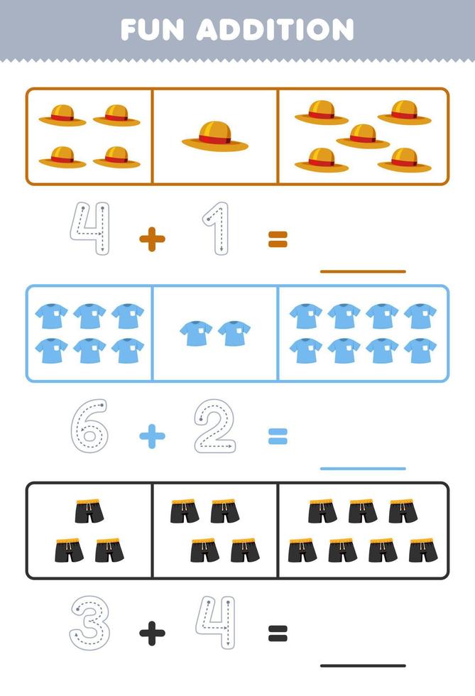 formazione scolastica gioco per bambini divertimento aggiunta di conteggio e tracciato il numero di carino cartone animato cappello t camicia ansimare stampabile indossabile Abiti foglio di lavoro vettore