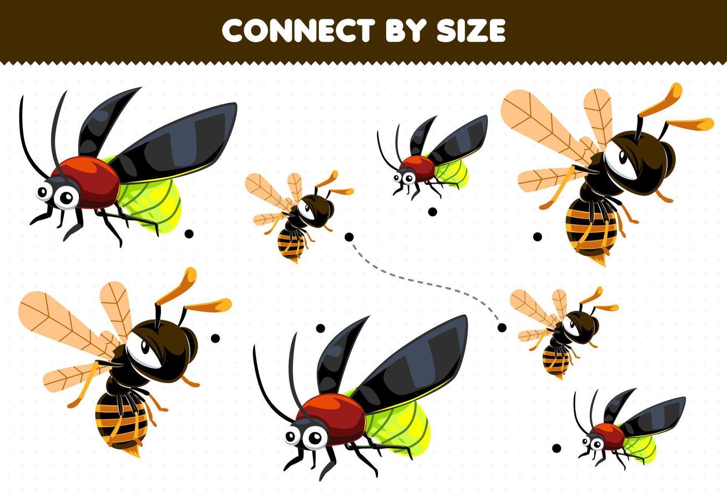 educativo gioco per bambini Collegare di il dimensione di carino cartone animato lucciola e ape stampabile insetto foglio di lavoro vettore