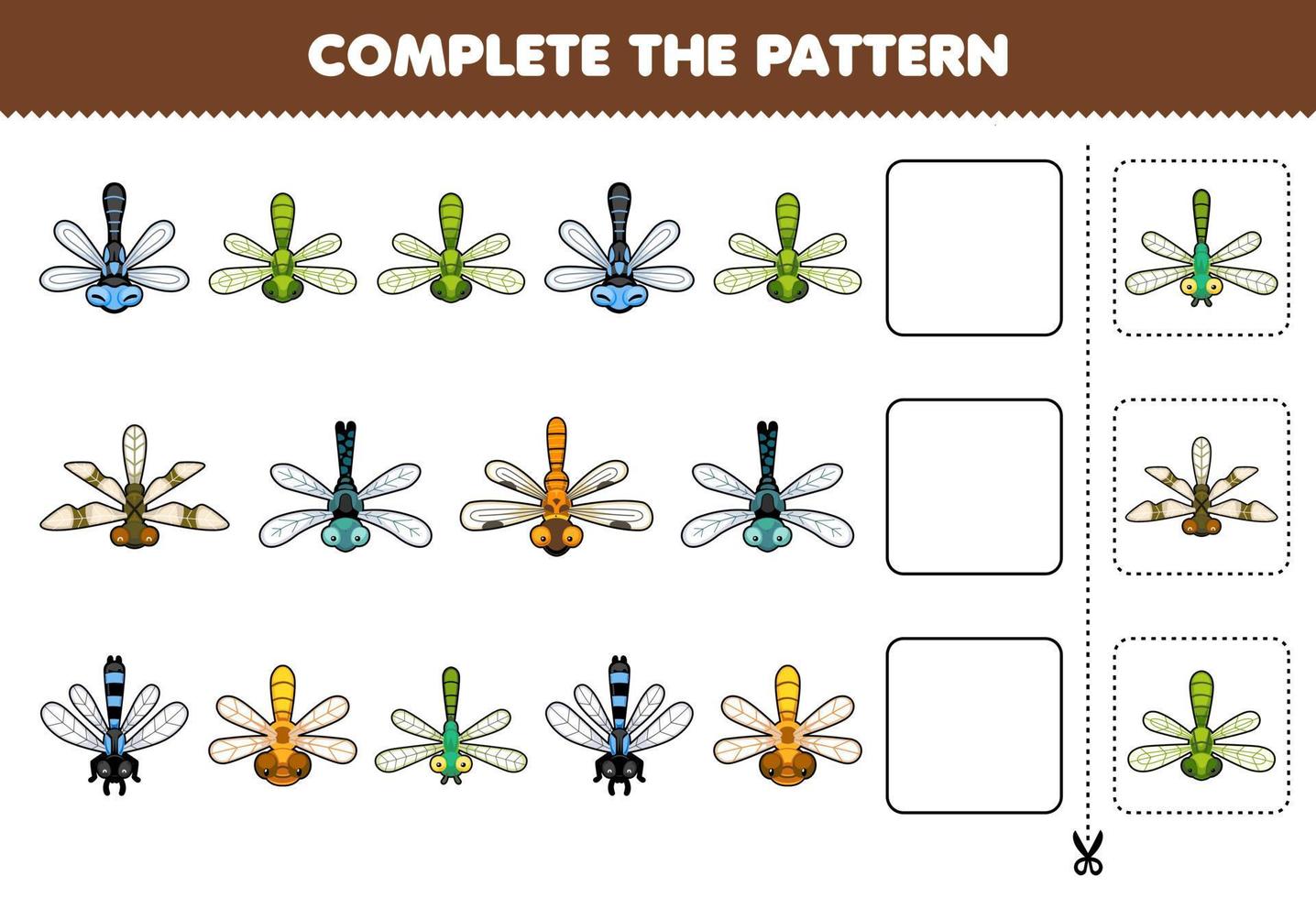 formazione scolastica gioco per bambini completare il modello di carino cartone animato libellula stampabile insetto foglio di lavoro vettore