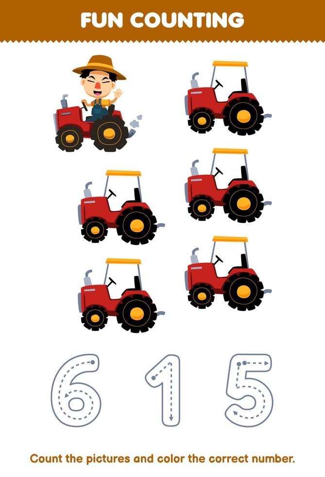 formazione scolastica gioco per bambini contare il immagini e colore il corretta numero a partire dal carino cartone animato trattore stampabile azienda agricola foglio di lavoro vettore