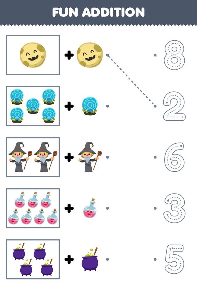 formazione scolastica gioco per bambini divertimento conteggio e Inserisci uno Di Più carino cartone animato procedura guidata impostato poi scegliere il corretta numero di tracciato il linea Halloween foglio di lavoro vettore