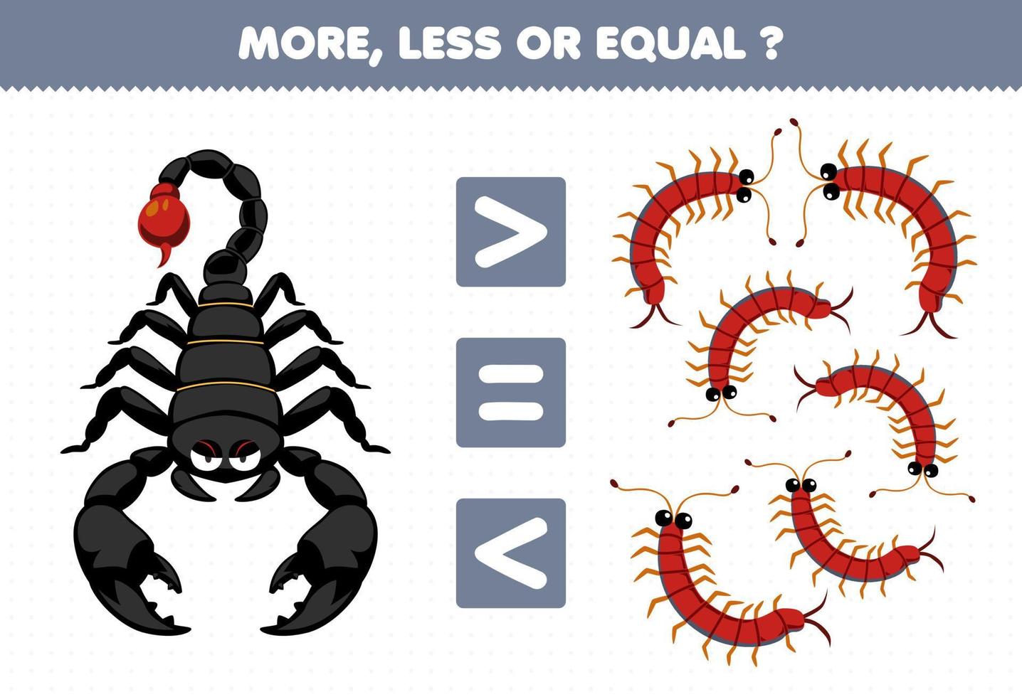 formazione scolastica gioco per bambini Di Più Di meno o pari contare il quantità di carino cartone animato scorpione e centopiedi stampabile insetto foglio di lavoro vettore