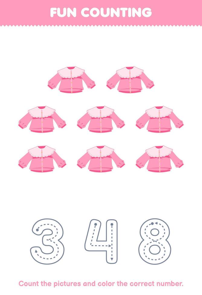 formazione scolastica gioco per bambini contare il immagini e colore il corretta numero a partire dal cartone animato rosa camicetta stampabile indossabile Abiti foglio di lavoro vettore