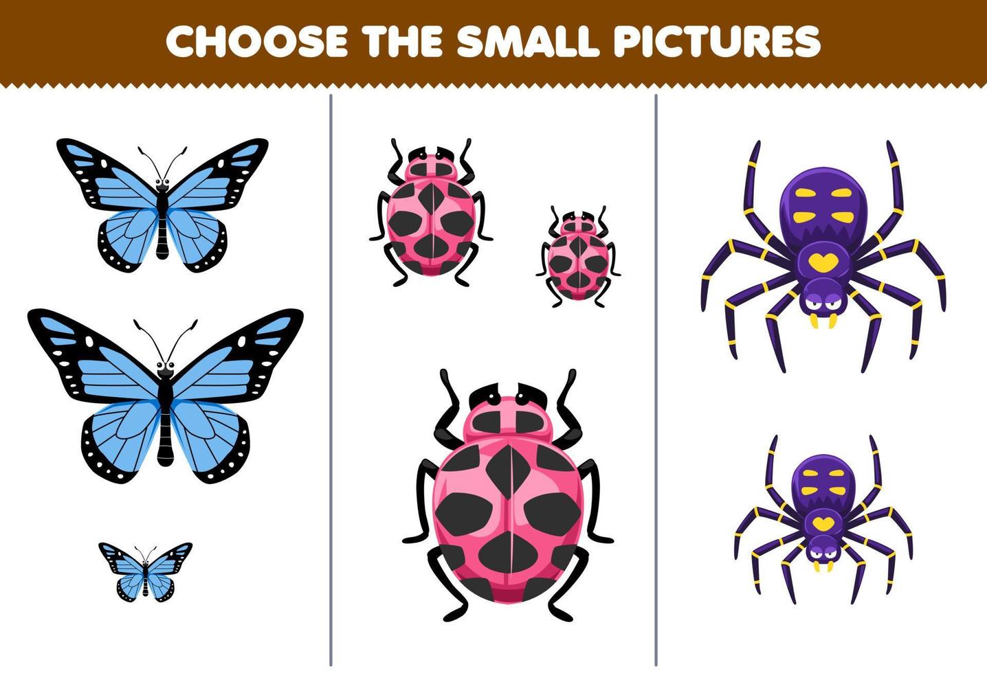 formazione scolastica gioco per bambini scegliere il piccolo immagine di carino cartone animato farfalla coccinella ragno stampabile insetto foglio di lavoro vettore