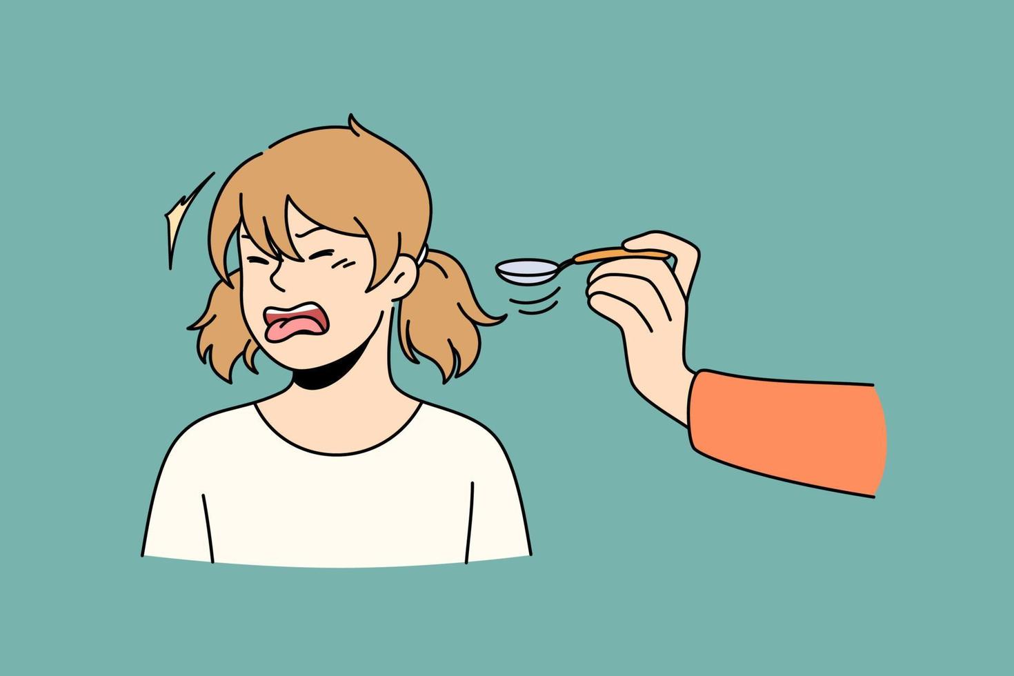 i problemi con appetito bambini concetto. irritata stressato piccolo ragazza cartone animato personaggio rifiuto per mangiare cibo a partire dal cucchiaio a partire dal mano vettore illustrazione