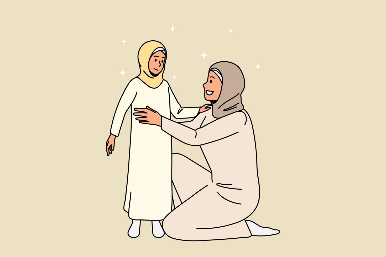 cura musulmano madre nel tradizionale Abiti abbraccio coccolare piccolo islamico ragazzo mostrare amore e sostegno. contento musulmano mamma abbraccio poco Islam bambino. cultura, religione concetto. vettore illustrazione.