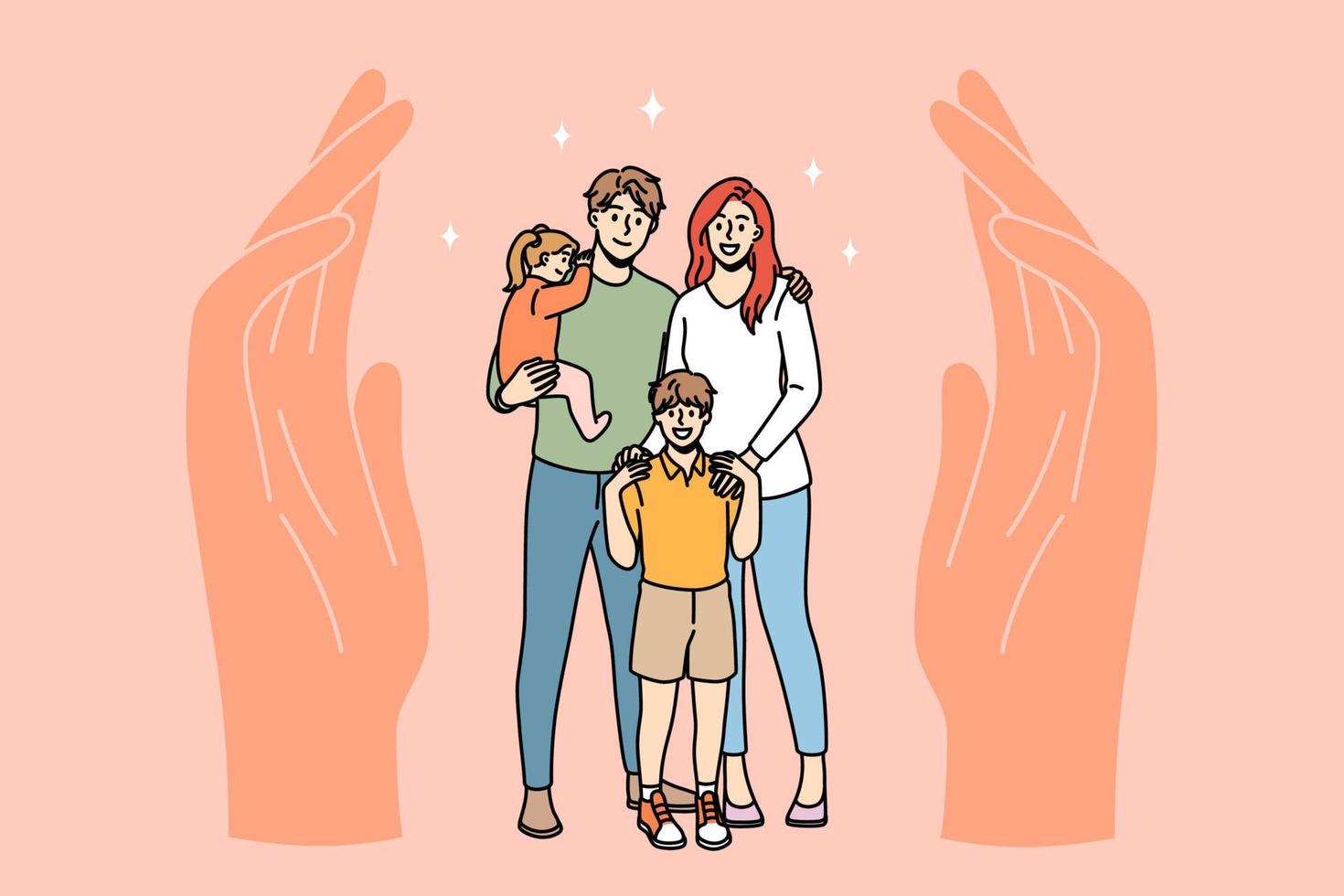 famiglia protezione e cura concetto. contento sorridente famiglia padre madre e bambini in piedi con umano mani proteggere loro su lati vettore illustrazione