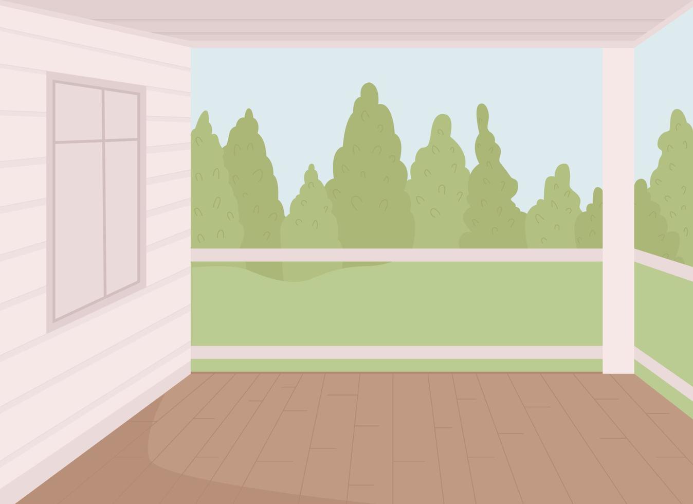 casa terrazza piatto colore vettore illustrazione. di legno veranda. accogliente Casa. esterno design. vero proprietà. completamente modificabile 2d semplice cartone animato paesaggio con estate foresta Visualizza su sfondo