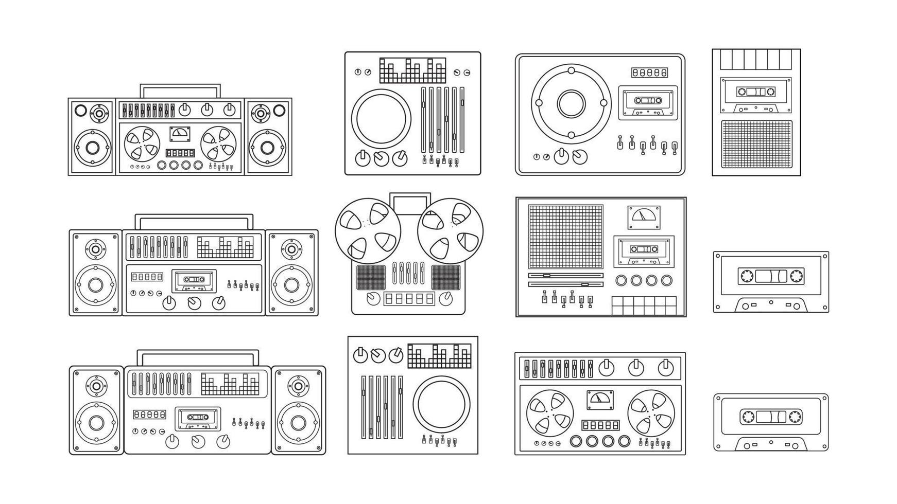 impostato di nero e bianca vecchio retrò Vintage ▾ fricchettone musicale elettronica attrezzatura Audio cassetta registratore con magnetico nastro, dj consolle a partire dal anni '70, anni 80, anni 90. vettore illustrazione