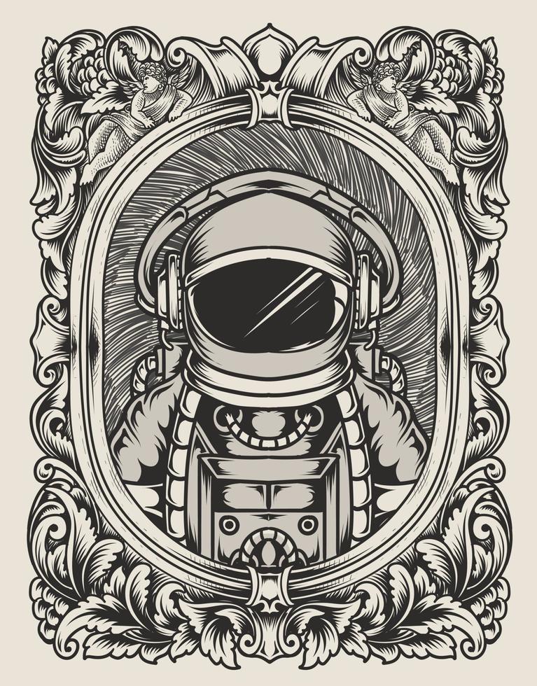 illustrazione astronauta con cornice ornamento incisione vettore