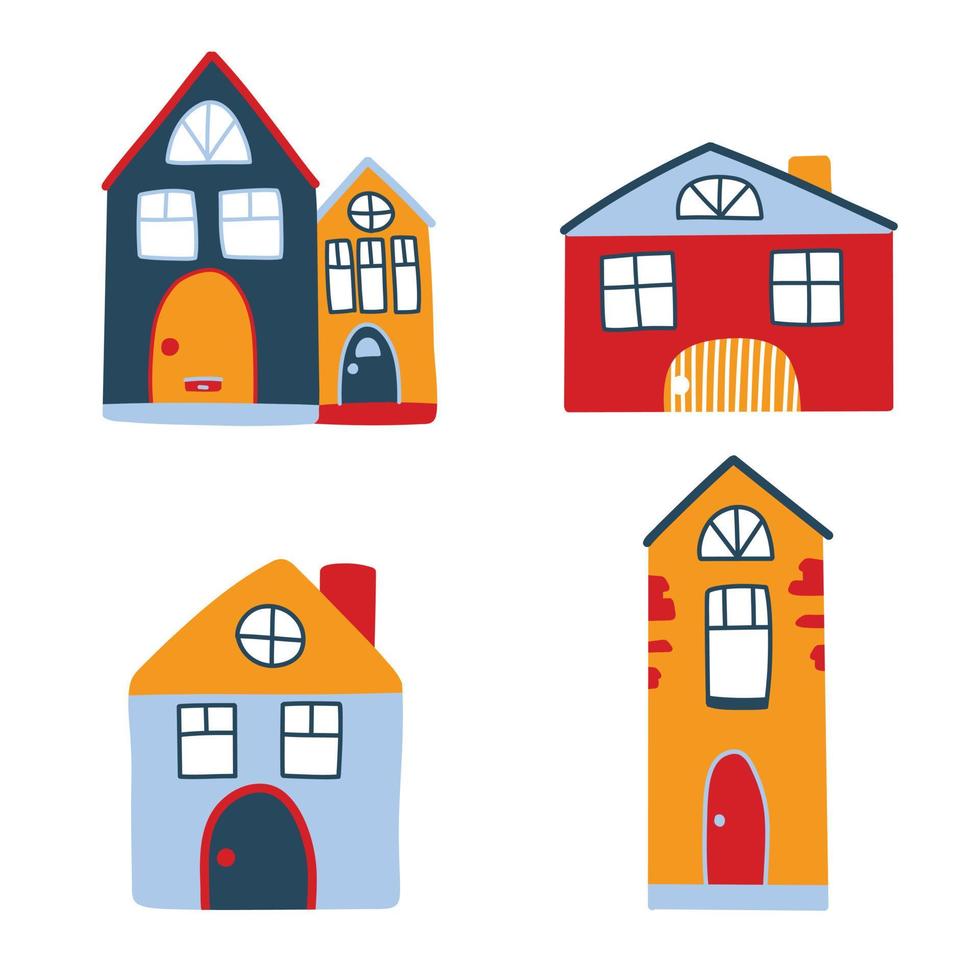 vettore impostato con carino colorato case, nel scarabocchio stile. norvegese case nel cartone animato stile. carino illustrazioni per cartoline, manifesti, tessuti, design