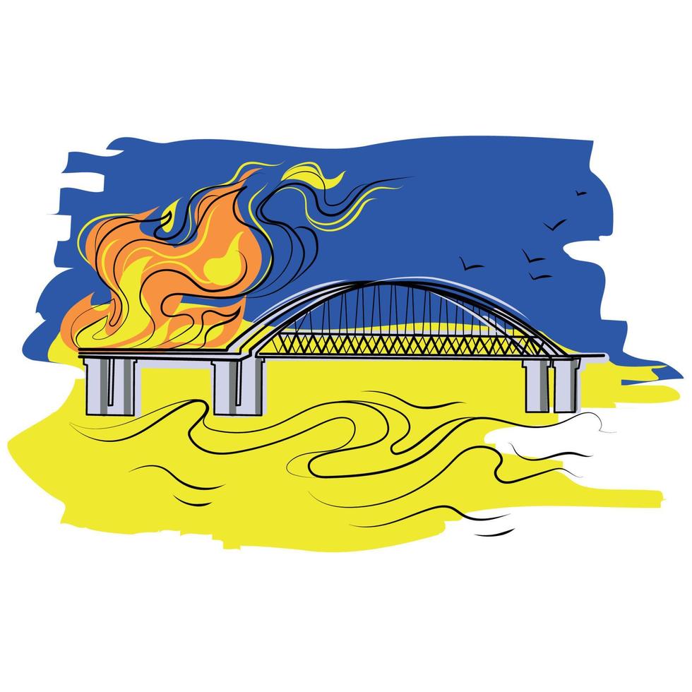 il della Crimea ponte è su fuoco vettore isolato illustrazione. ardente della Crimea fazzoletti ponte su fuoco contro il sfondo di il ucraino bandiera mano disegno. design per un' manifesto, Stampa, striscione, emblema