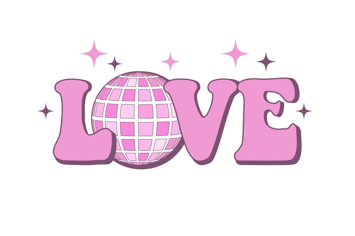 70s Groovy amore slogan etichetta. retrò Stampa con carino rosa testo e discoteca palla per grafico tee, maglietta o etichetta vettore