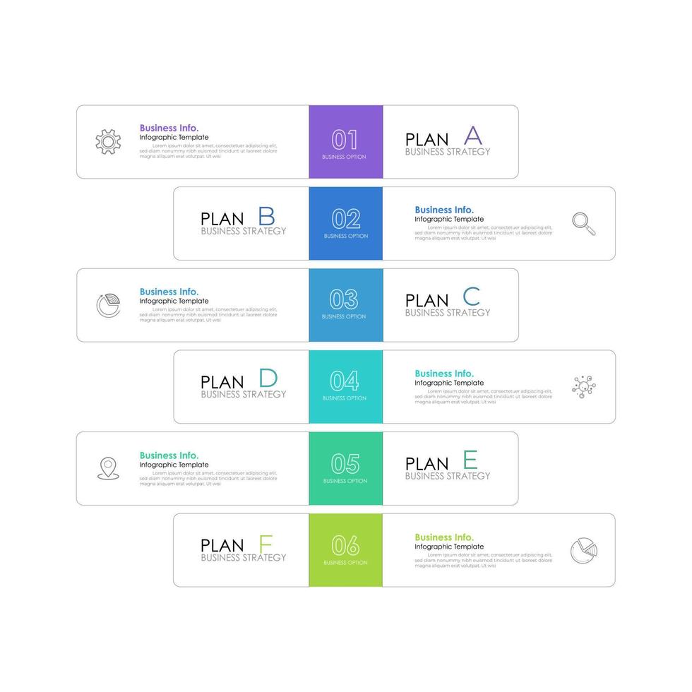 il modello di progettazione infografica può essere utilizzato per presentazione, banner, grafica, flusso aziendale e diagramma. moderno modello di sequenza temporale piatta con 6 opzioni, parti, passaggio per il processo. modello astratto. vettore