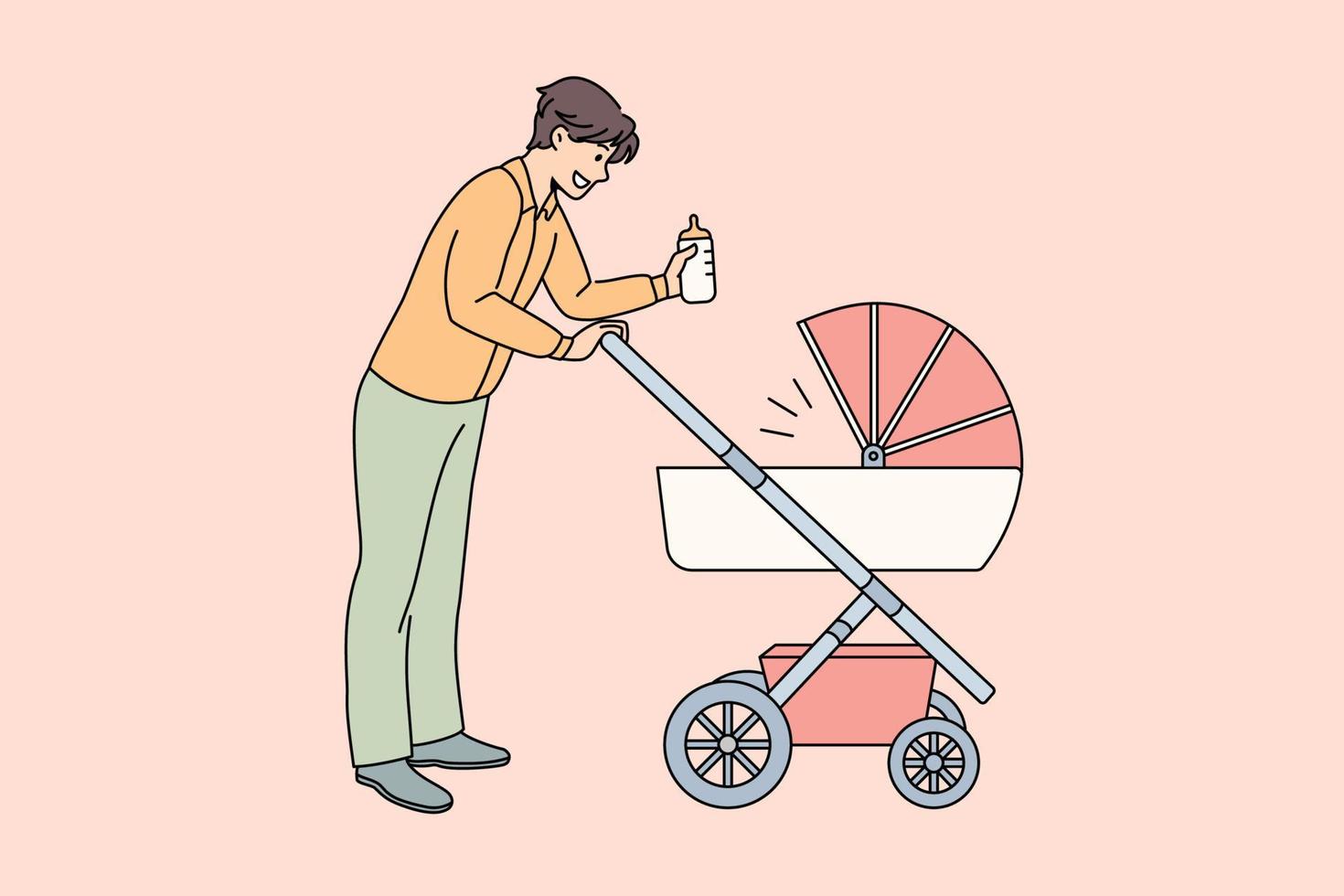 contento paternità e paternità concetto. giovane sorridente uomo padre a piedi con il suo bambino nel passeggino Tenere latte nel bottiglia nel mani vettore illustrazione