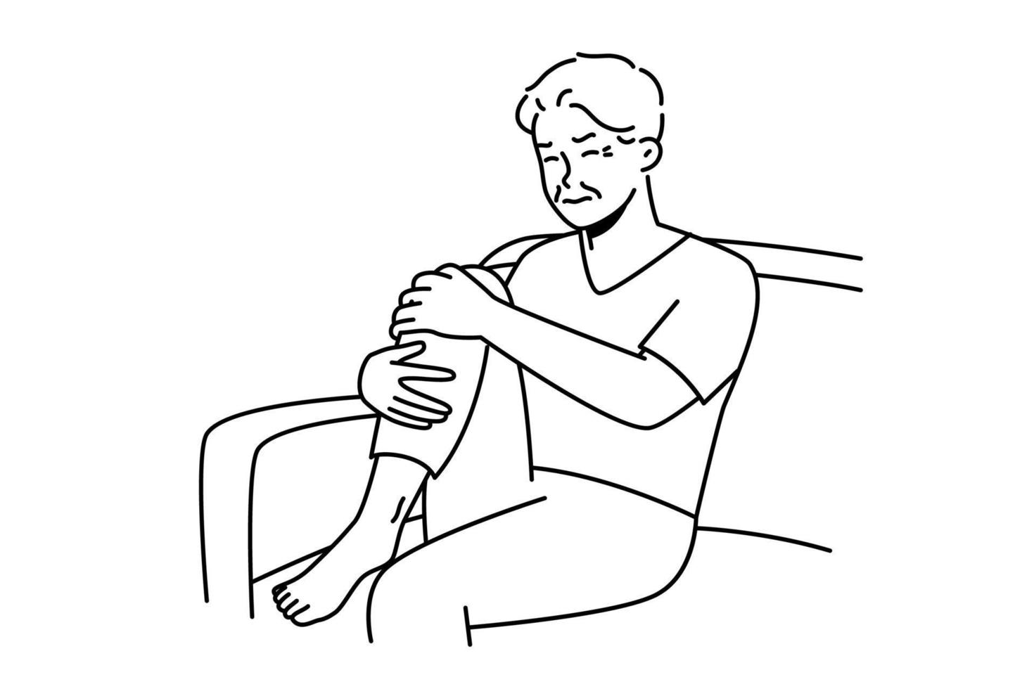 malsano vecchio uomo sedersi su divano soffrire a partire dal ginocchio dolore. indisposto malato anziano nonno lotta con reumatismi. vettore illustrazione.