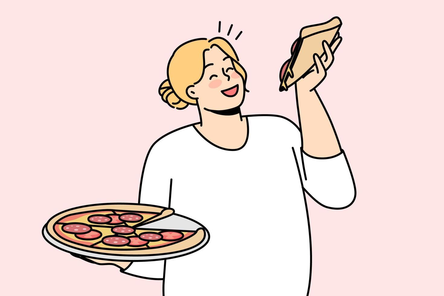 contento sovrappeso donna con Pizza nel mani godere veloce cibo. sorridente Grasso femmina mangiare italiano cibo. corpo positivo. vettore illustrazione.