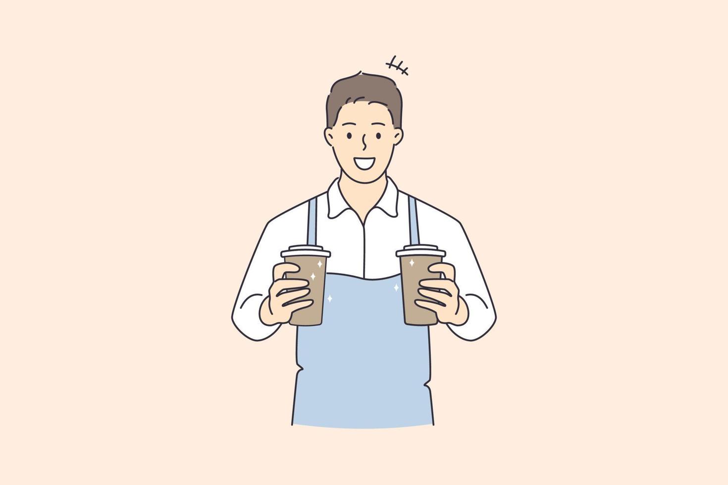 Lavorando come barista nel caffetteria concetto. giovane sorridente uomo barista cartone animato personaggio indossare grembiule in piedi Tenere tazze con caffè bevanda vettore illustrazione