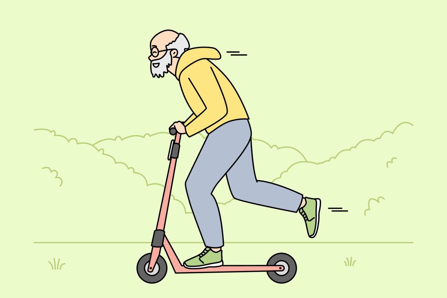 contento energico anziano uomo equitazione su scooter all'aperto. sorridente attivo vecchio nonno avere divertimento guida su motorino. scadenza. vettore illustrazione.