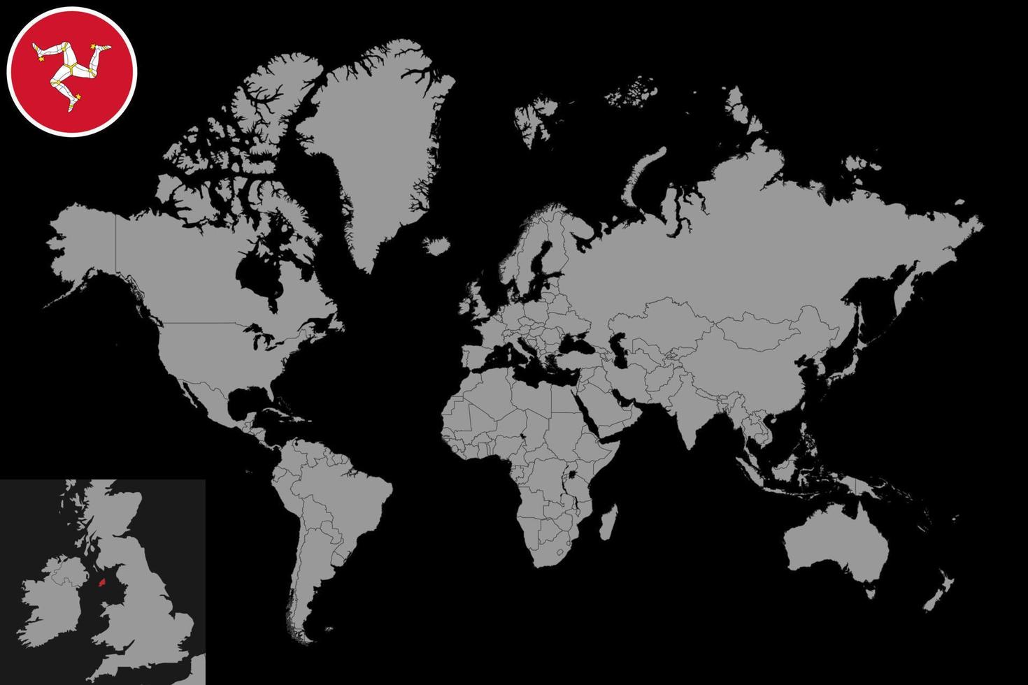 mappa pin con bandiera isola di man sulla mappa del mondo. illustrazione vettoriale. vettore