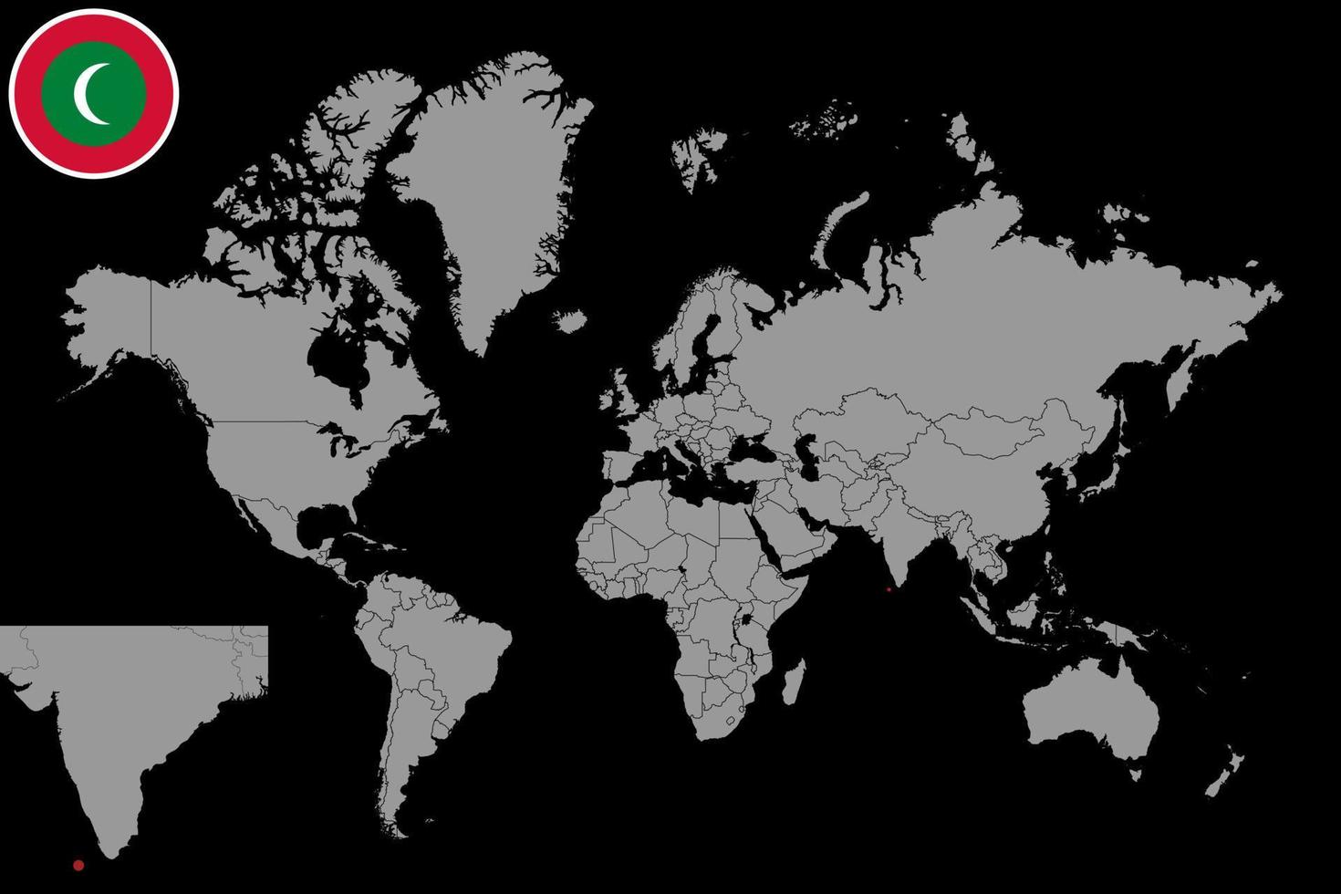 mappa pin con bandiera maldive sulla mappa del mondo. illustrazione vettoriale. vettore