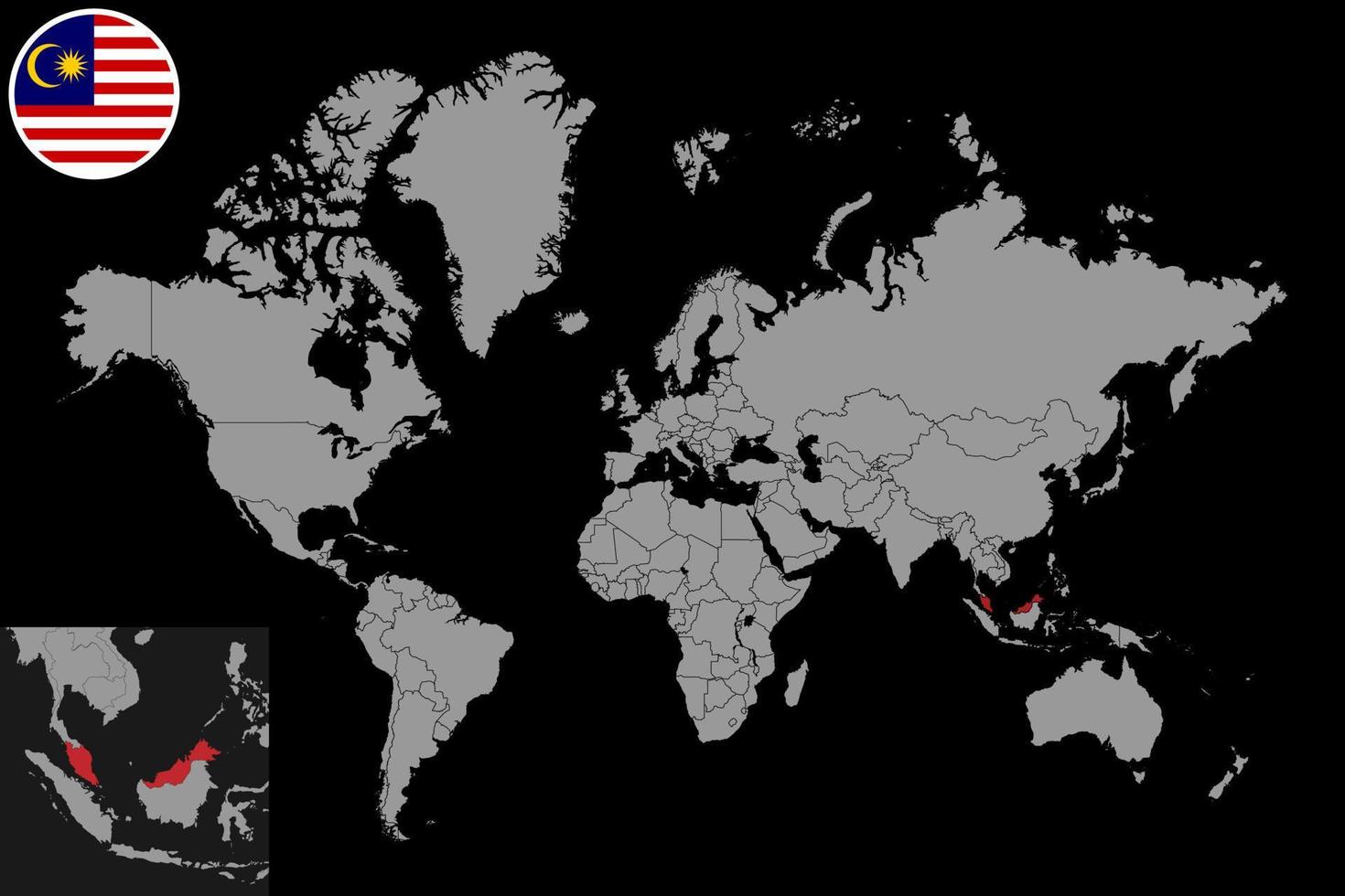 mappa pin con bandiera malesia sulla mappa del mondo. illustrazione vettoriale. vettore